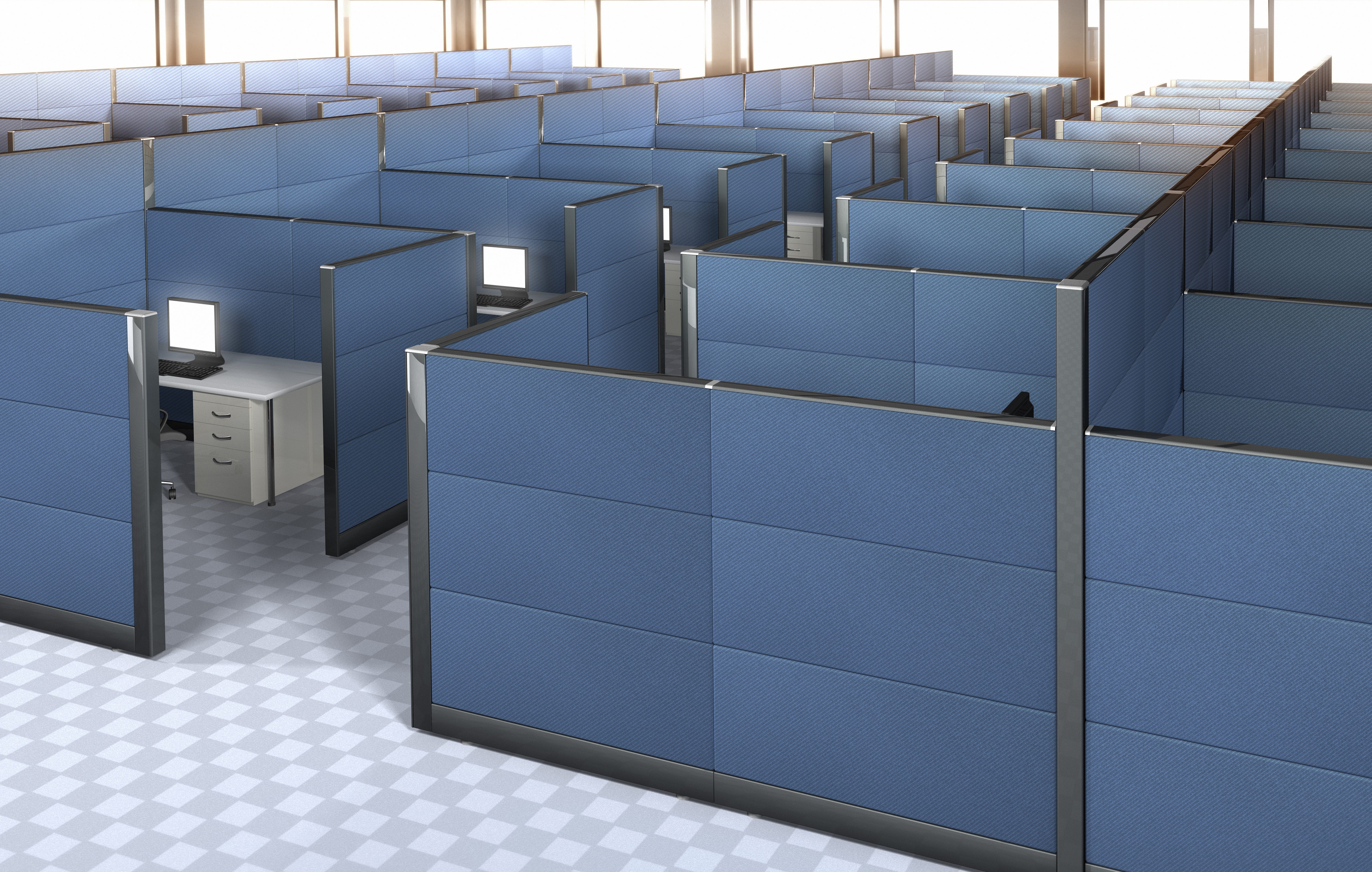 36 identical cubes (4x9) with desk, monitor, file cabinet and steel-blue separators