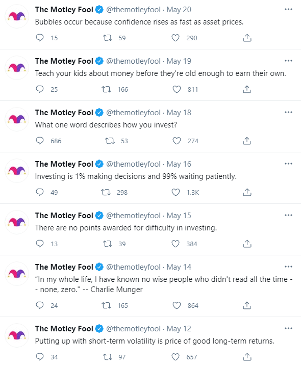 A view of The Motley Fool's Twitter feed from May 2021