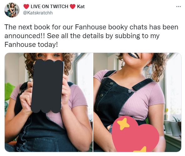 A twitter post by @Katskratchh showing off her book club exclusively on Fanhouse.