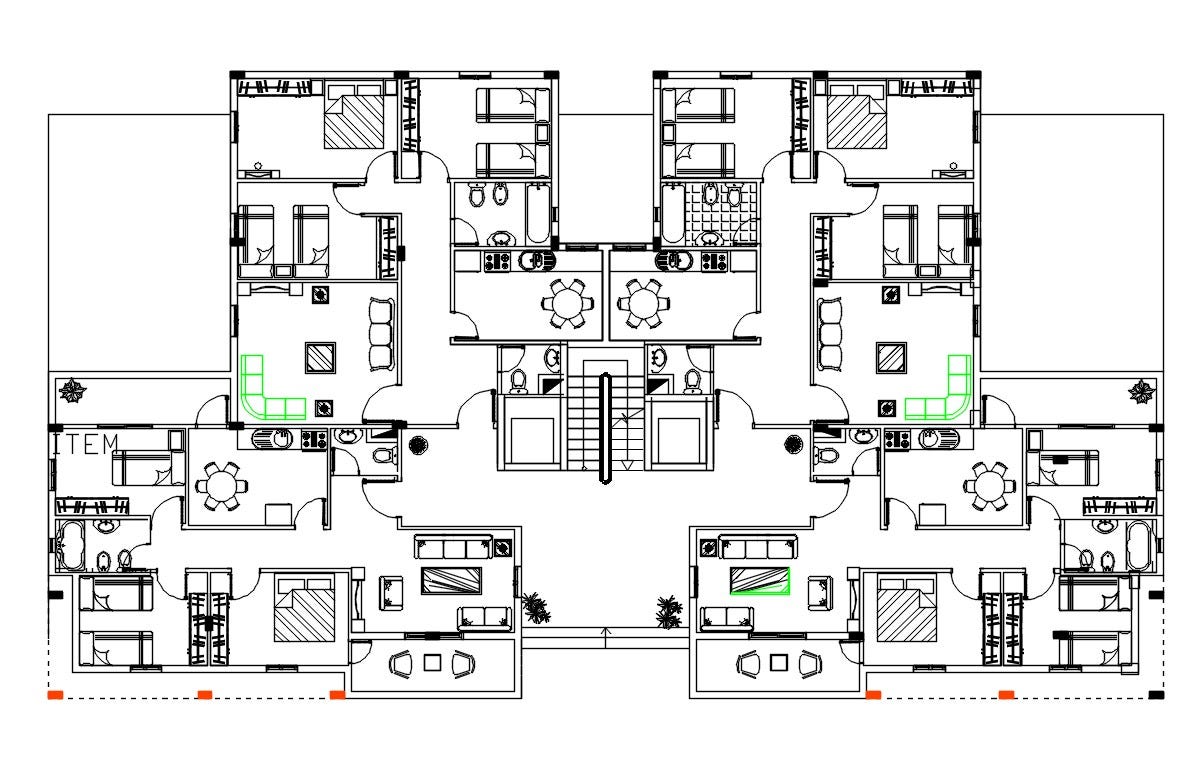 3 Bhk Apartment Cluster Layout Plan With Furniture Drawing Autocad