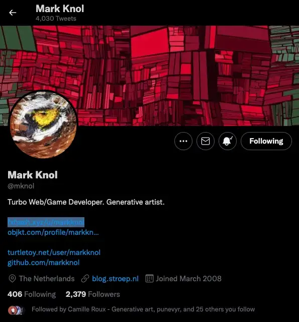 The fx(hash) link is the same one I came from. The tweets, followers, and join date look legit too.