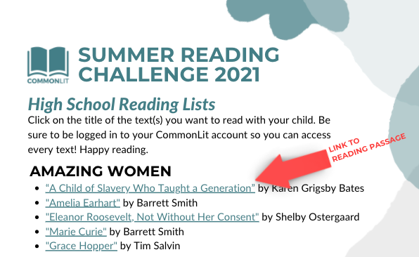 The list of texts for the Summer Reading challenge, with a red arrow pointing to the links for each passage.