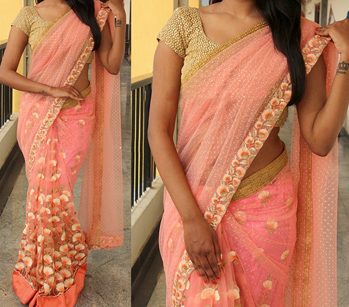 net saree wearing styles