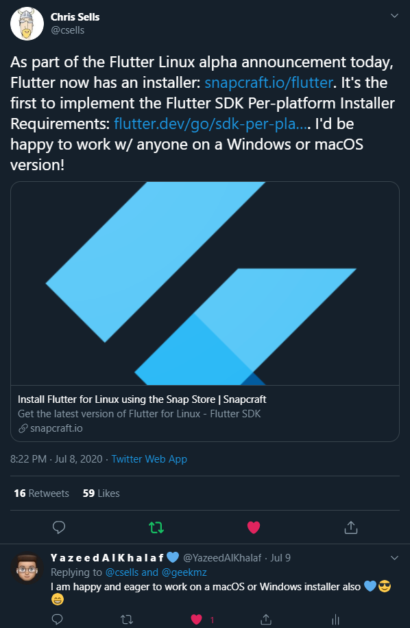 Chris Sells tweet about the Linux installer and my reply