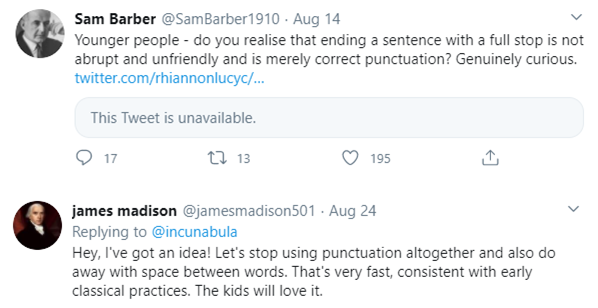 Screenshot of tweets regarding full stops