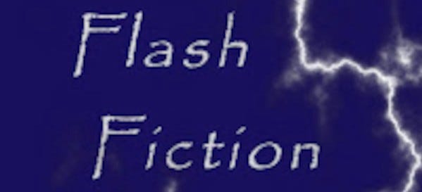 The words “Flash Fiction” on a dark blue background with a lightning bolt down the right side.