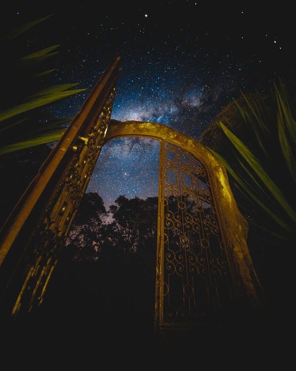 An open golden gate with trees and a starry night sky behind it.
