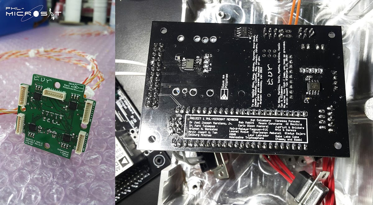 Inscriptions mark the Filipino craftsmanship involved, such as the Philippine flag, the Baybayin translation of “Diwata”, and the names of the PHL-Microsat engineers.