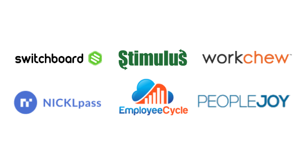 Logos of 6 companies that hosted Happy Hour event — Switchboard Live, Stimulus, WorkChew, NicklPass, Employee Cycle, and PeopleJoy