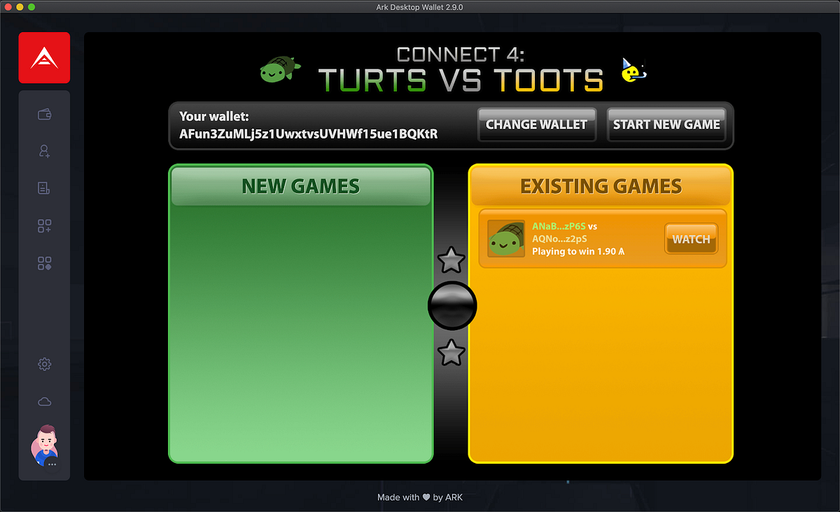 Our game running inside the ARK Desktop Wallet