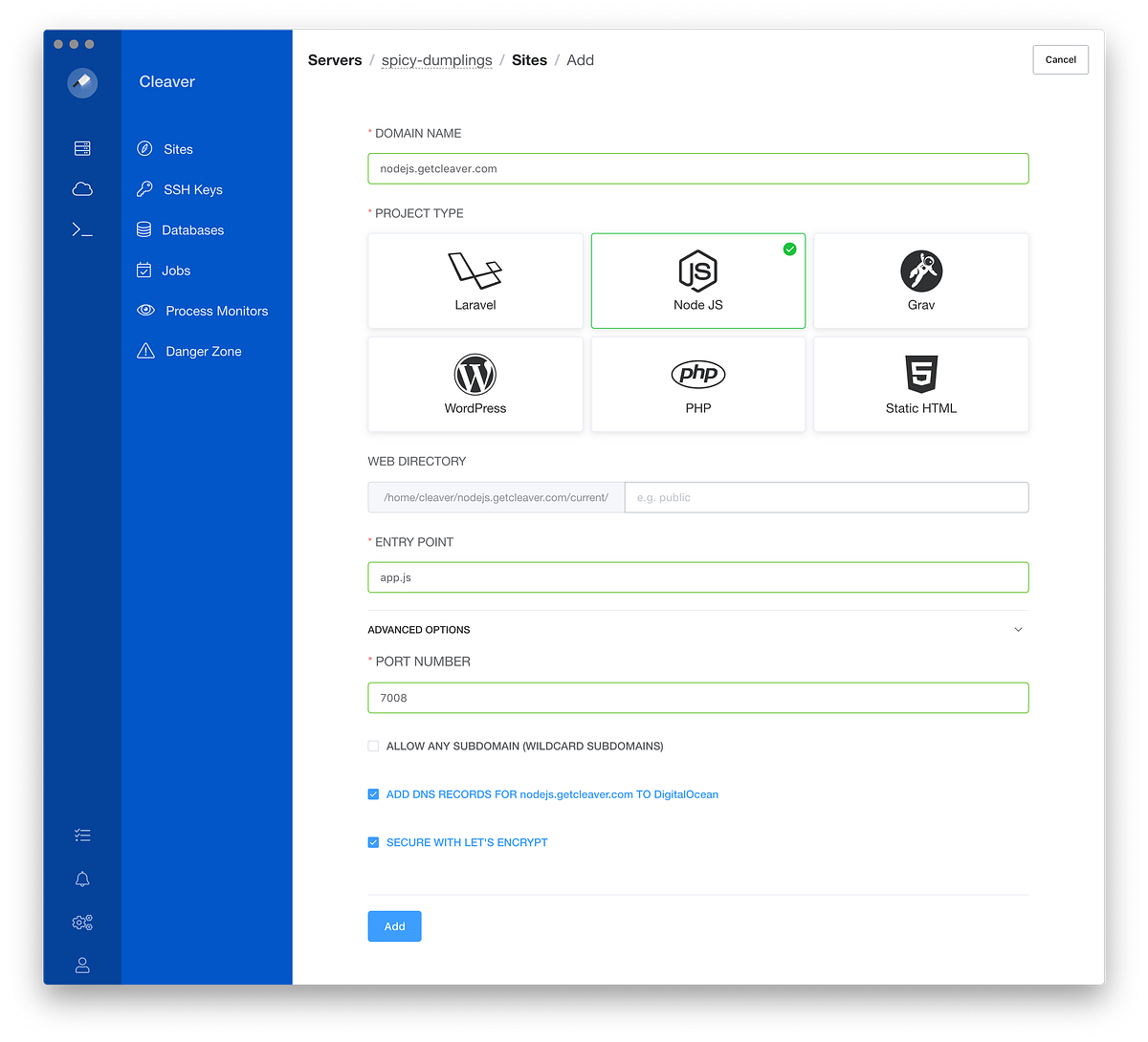 Deploying a secure NodeJS app with Cleaver on DigitalOcean or Vultr