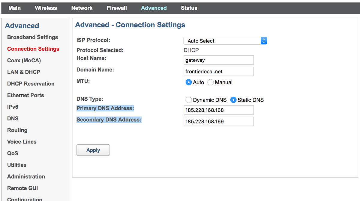 Changing DNS on the Frontier Router — to enable parental control by
