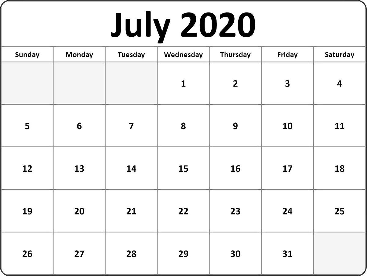 Free Blank July 2020 Calendar Template by CalendarWishesImages Medium