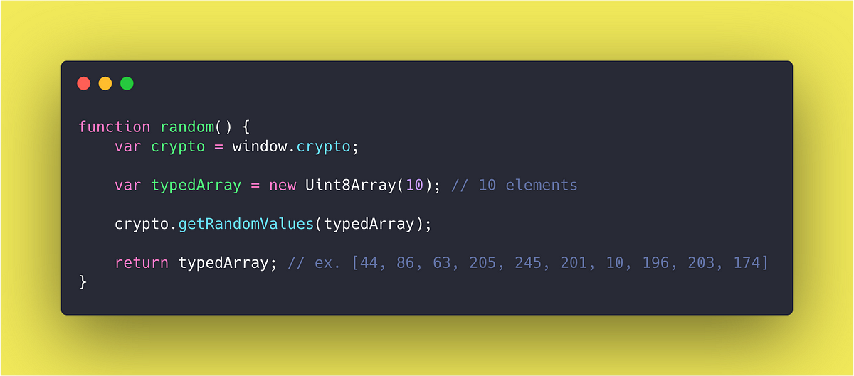 Generate random numbers in JavaScript using Crypto, without Math.rand() |  by Javascript Jeep🚙💨 | Level Up Coding