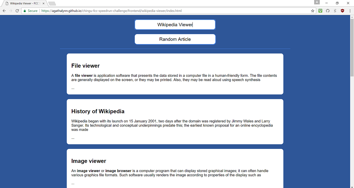 Wikipedia Viewer (FCC Speedrun Project 7) by Abigail (agathalynn