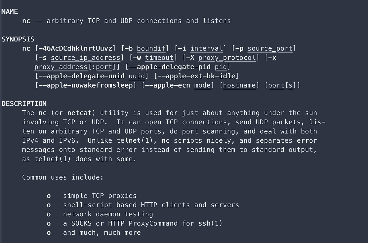 netcat — quick reference. Arbitrary TCP and UDP connections and… by