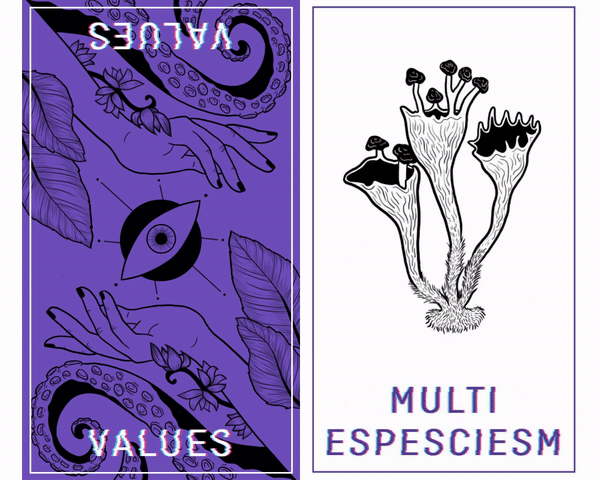 Left: Hands, eyes & octopus tails; Text: “Values” . Right: GIF of cards — consent, agency, cooperation etc. with related art.