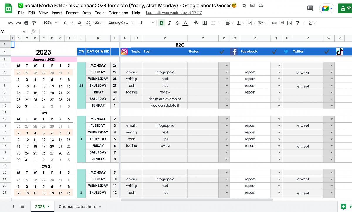 2023 Social Media Editorial Calendar For Your Small Business, Freelance  Client Or Personal Brand — With Free Google Sheets Template | By Gracia  Kleijnen | Google Sheets Geeks | Medium