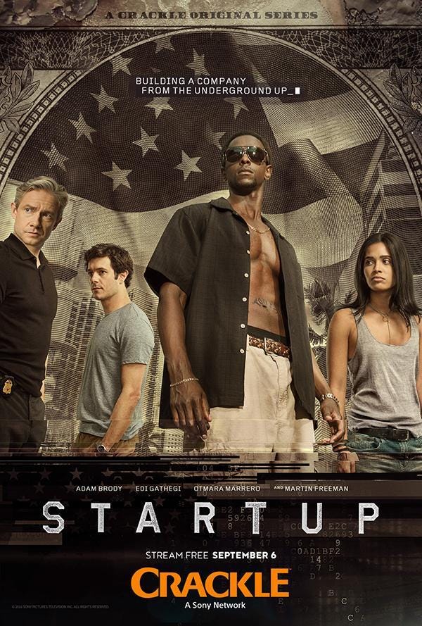 The series poster for StartUp. You can see the main characters of the show with a dollar bill in the background.