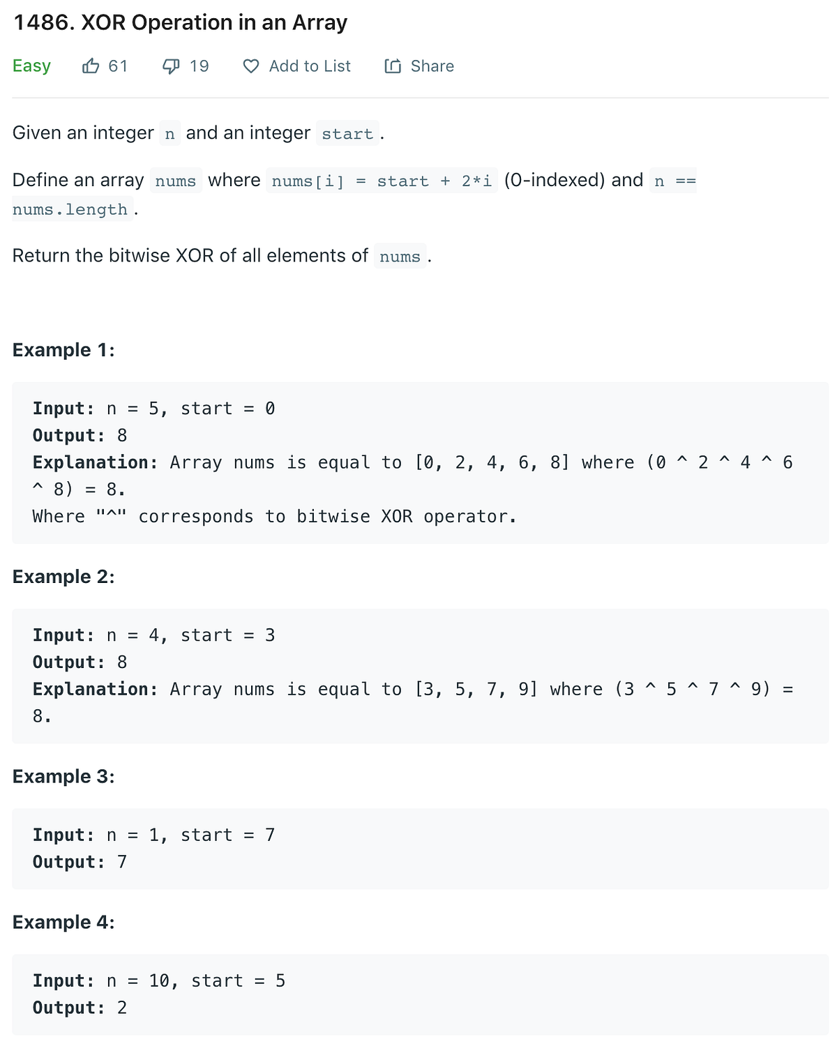 Leetcode 1486: XOR Operation in an Array | by Pierre-Marie Poitevin ...