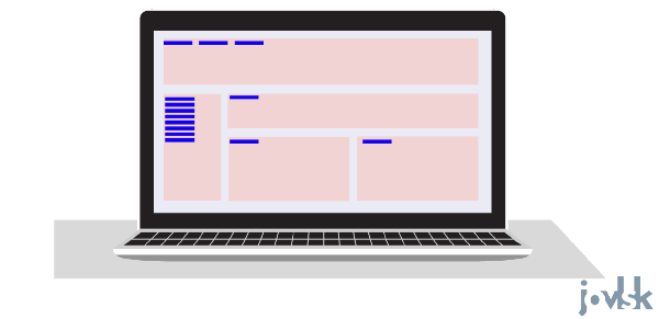 apresenta a figura de um computador laptop com retângulos na cor rosa e destaques em azul, na tela representando a forma de leitura do leitor de tela