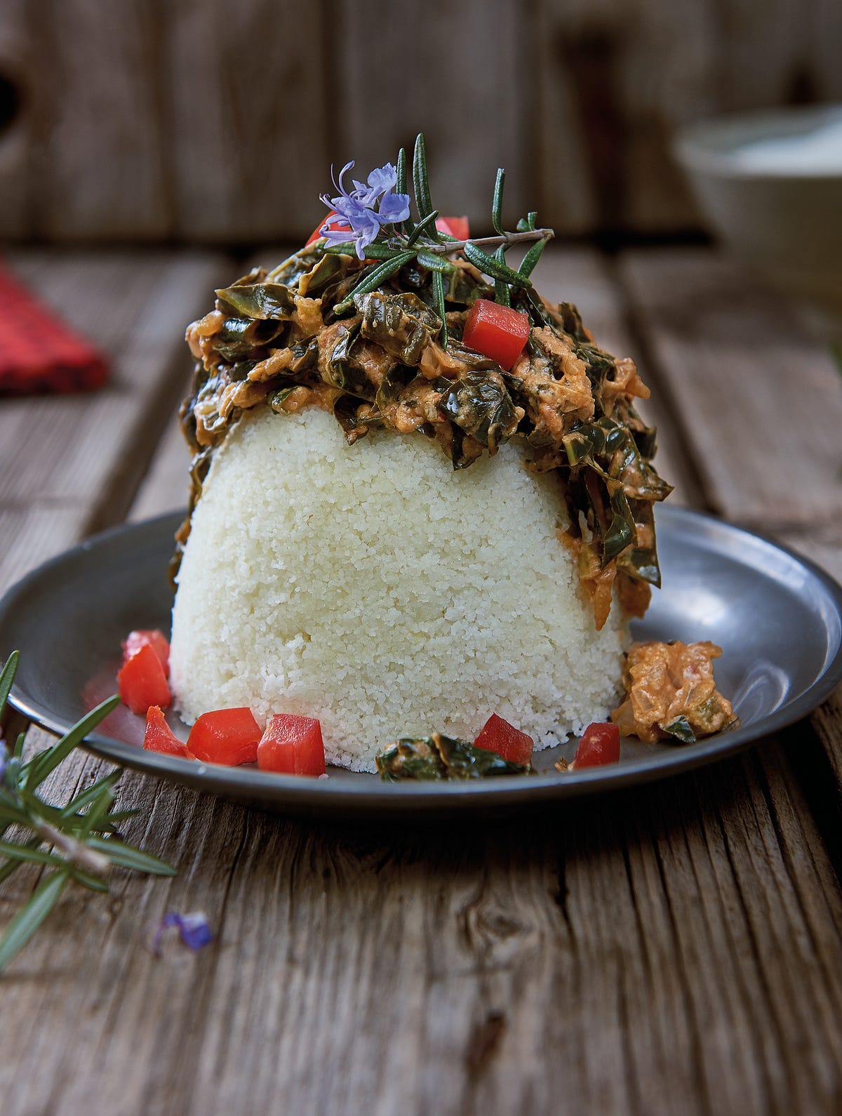 Chomolia (African kale) in Peanut Sauce, served with Uphuthu by