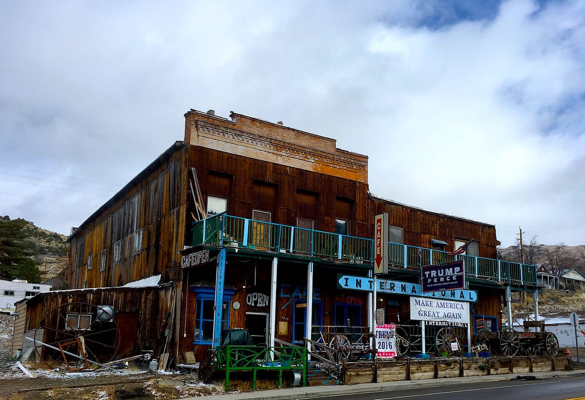 Austin, NV. A couple gas stations, a turret, and a… by Oriana