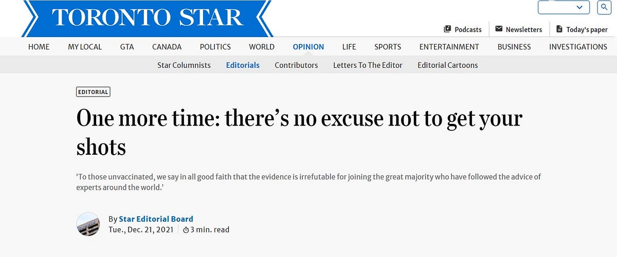 Letter to the Toronto Star
