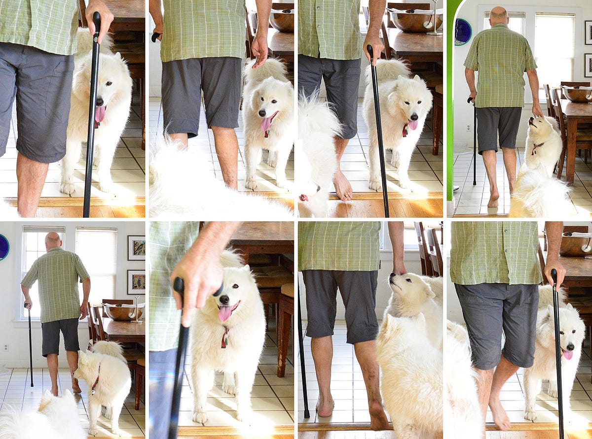 Here are some photos of me working on walking technique with a cane on