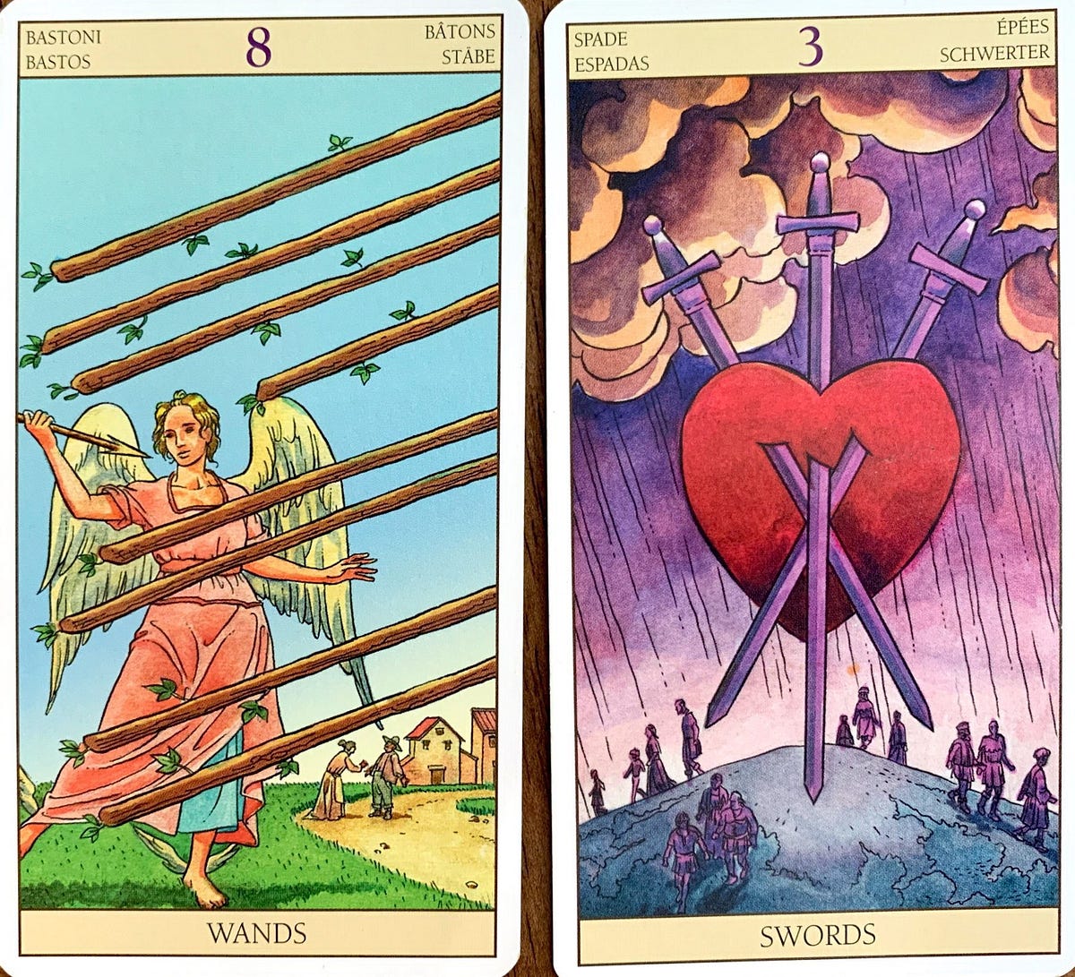 Tarot Combinations & Meanings. 8 of Wands, 3 of Swords, & 5 of… | by  Heather Cristia | Medium