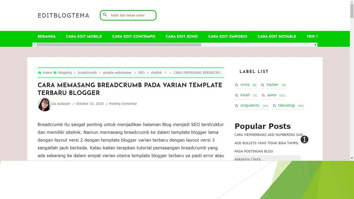 Breadcrumb itu sangat penting untuk menjadikan halaman Blog menjadi SEO