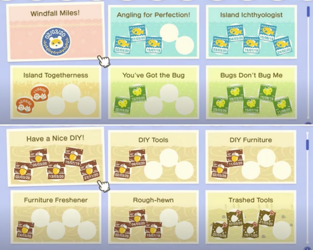 All Nook Miles Achievements in Screen Order from Animal Crossing New