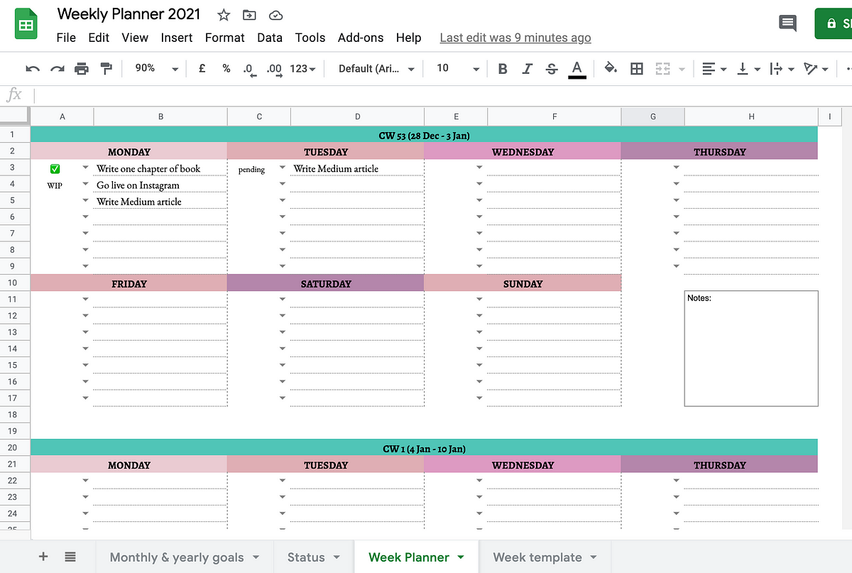 homework planner google sheets template