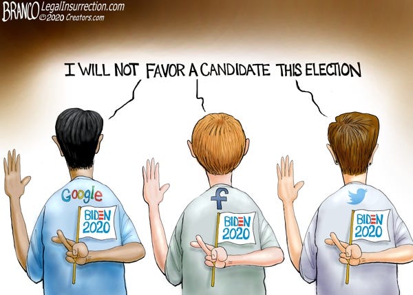 A cartoon of Big Tech going against their promises against partiality.