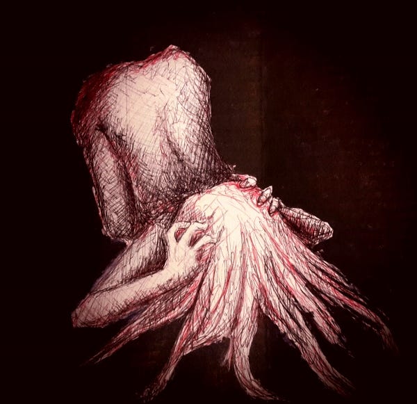 a black background with a sketch in red and black ball point pen showing a figure in the child’s pose clutching their head in despair — illustrated by Tabitha Rayne