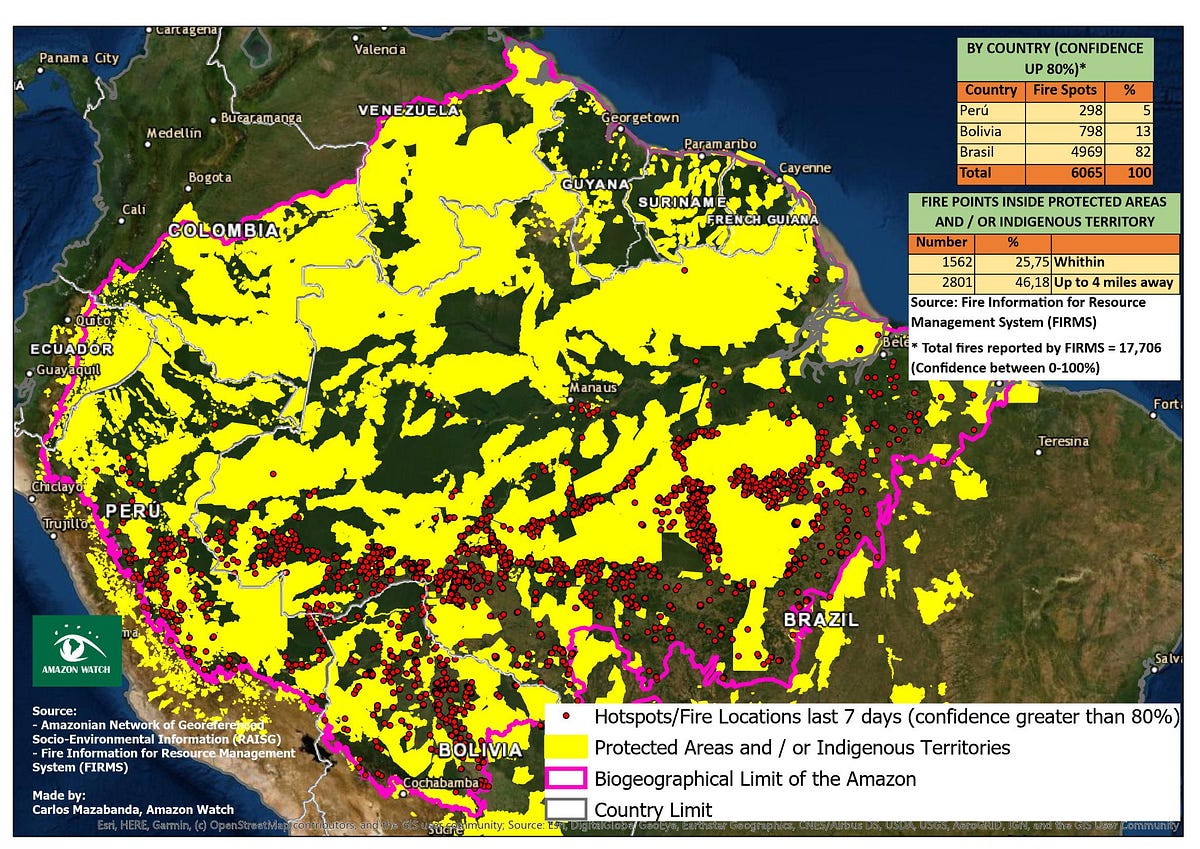 Map showing recent fire locations overlaid on indigenous territories in the Amazon basin