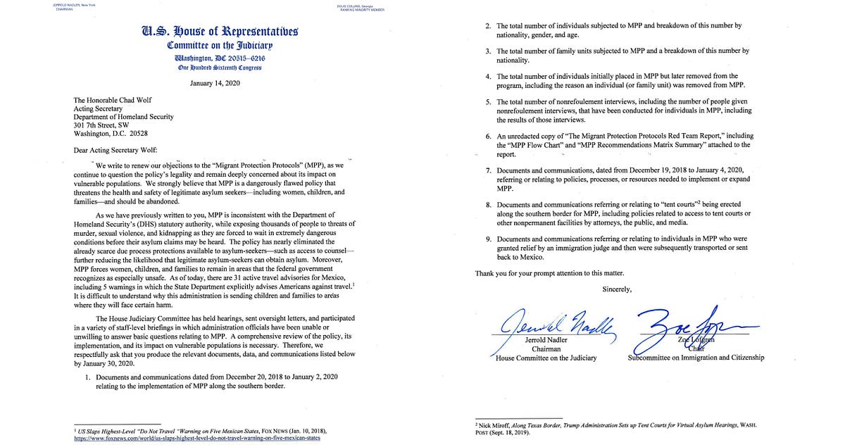 Chairman Nadler Announces House Judiciary Investigation into Trump Administration’s “Remain in…