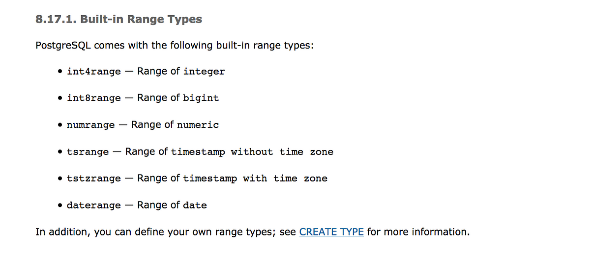 Postgres Range Types are dope. Range types are a big differentiator of… |  by Ankit Mittal | pyankit | Medium