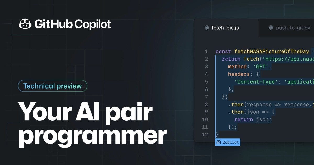 Github Copilot is a new product created by OpenAI as “Your AI Pair Programmer”. It is a plugin that you install in VSCode and it is simple to use 