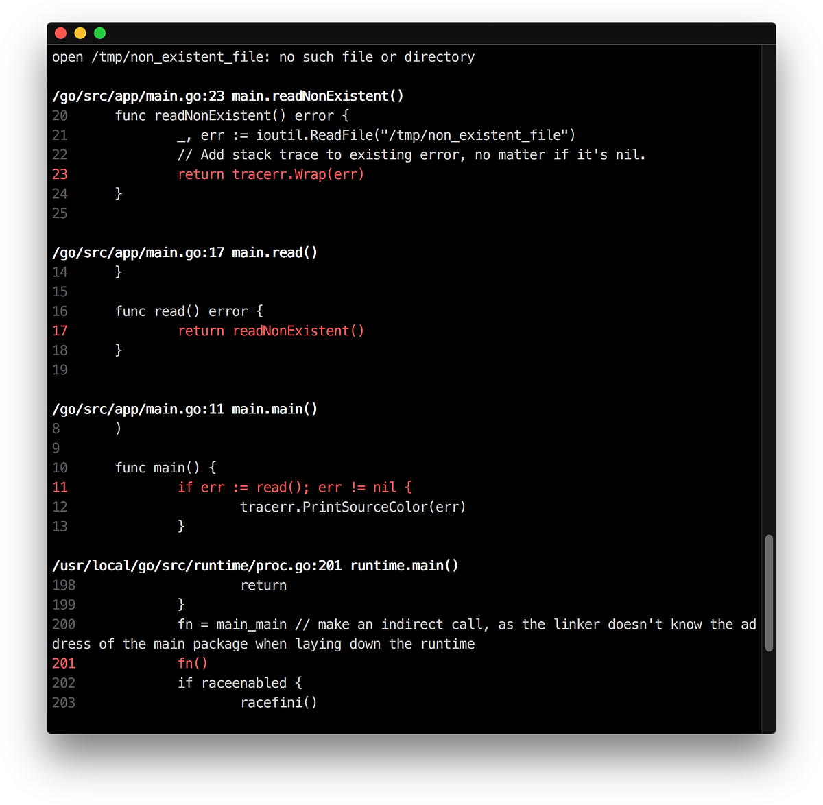 Increasing Go errors informativeness by adding a stack trace and