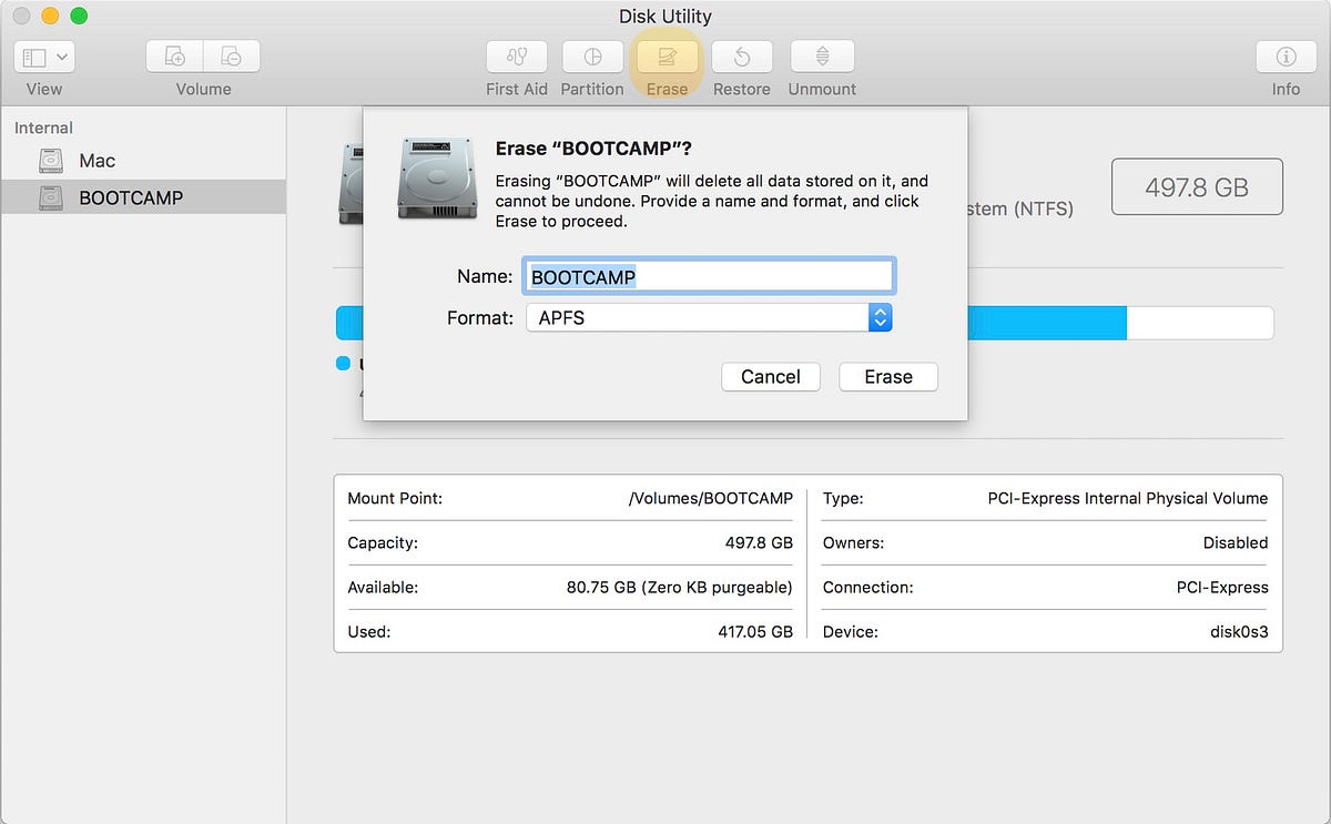 Erase boot camp partition mac os