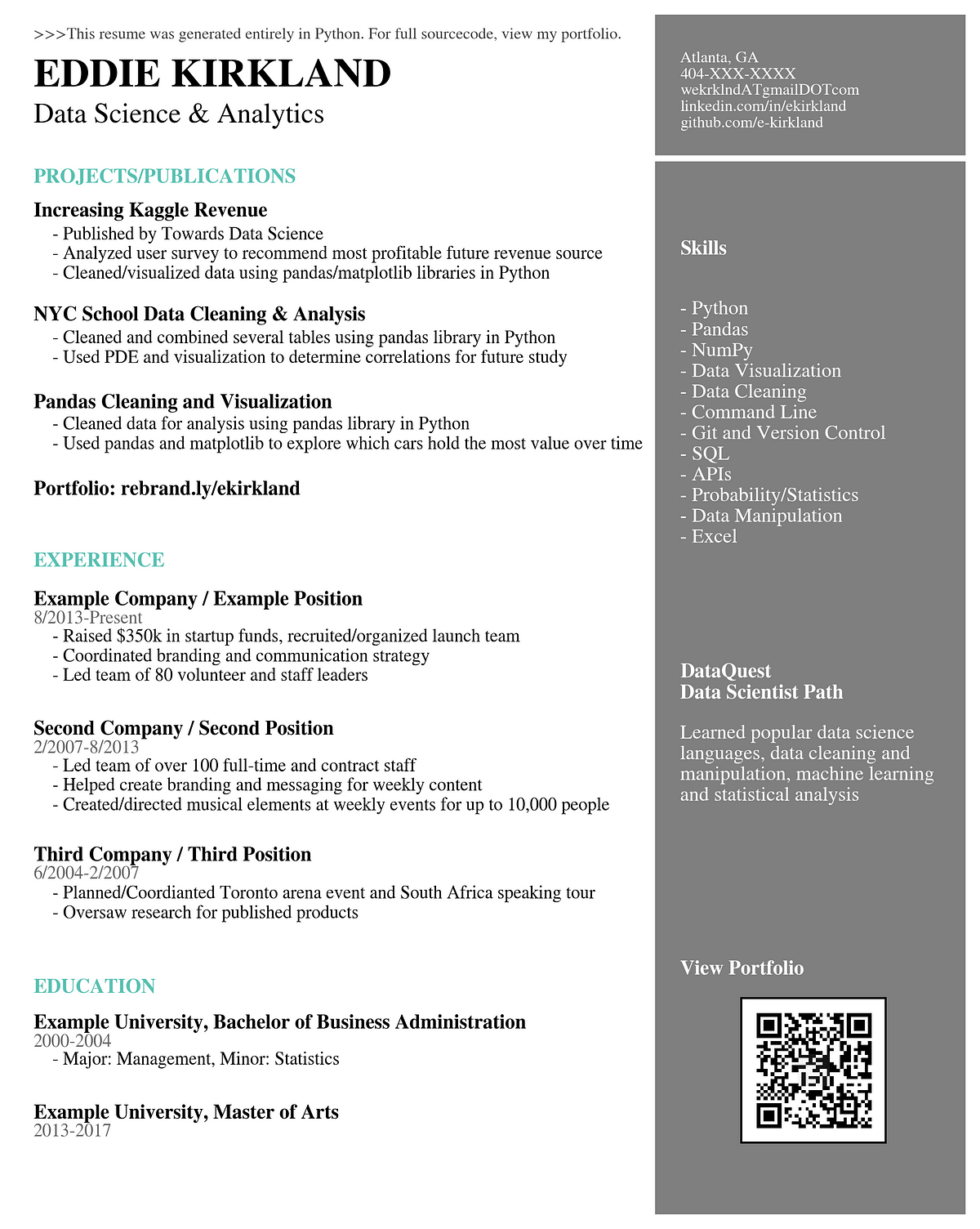 Generating A Resume in Python. I am transitioning into the world