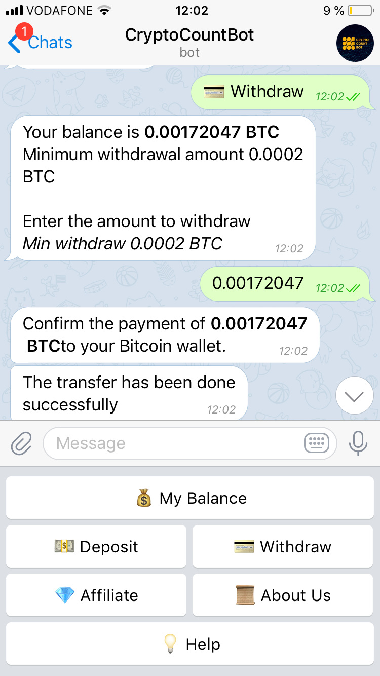 First Withdraw Cryptocountbot Bitcoin Investment Telegram Bot - 