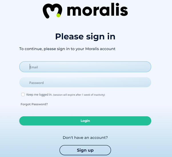 Moralis Sign Up or Sign In