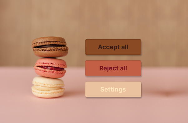 Three macarons as a column with different colours and three call to action buttons nearby with the same colours: accept all, reject all, settings.