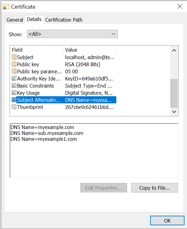 With the Details tab in the Certificate window, click on the "Subject Alternative... " Highlighted. The box below shows our example DNS names.