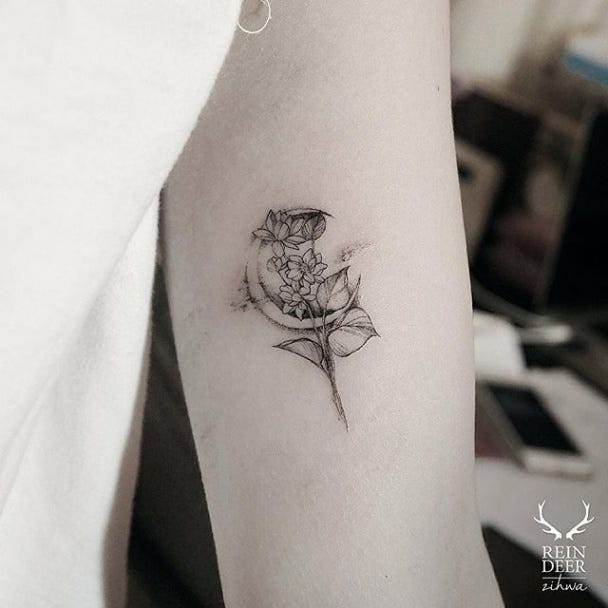 Crescent Moon And Lotus Flower Tattoo