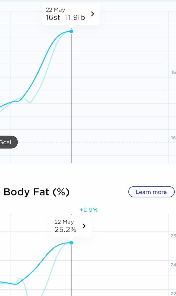 Weight app screen showing body fat and weight today
