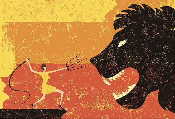 Illustration of a woman with a stool and a training whip, battling a large lion