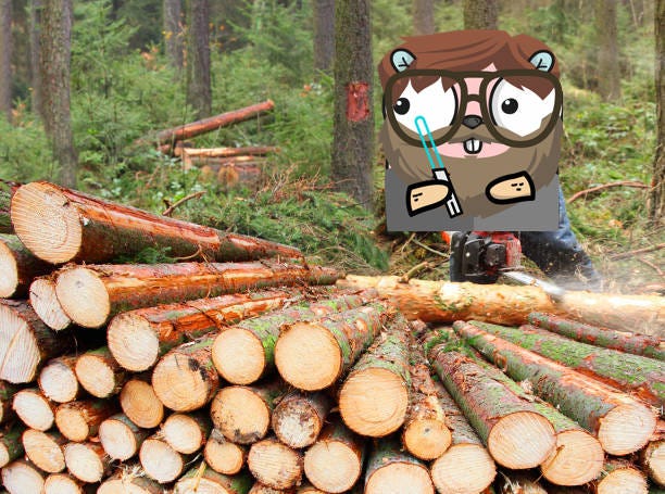 A bearded gopher with a lightsaber cutting up some logs